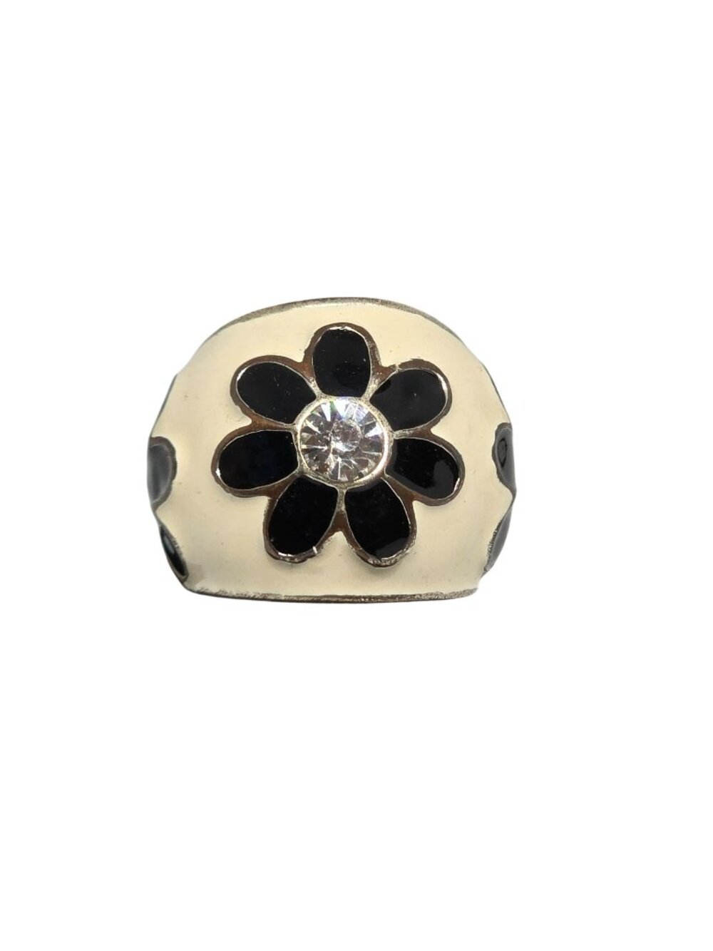 Vintage Black White Enamel Flower Statement Ring Clear Rhinestone Size 6 11.64g